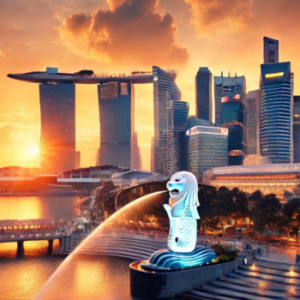 Hình ảnh Marina Bay Sands và tượng Merlion tại Singapore lúc hoàng hôn, điểm đến nổi bật trong tour Singapore 5 ngày 4 đêm.